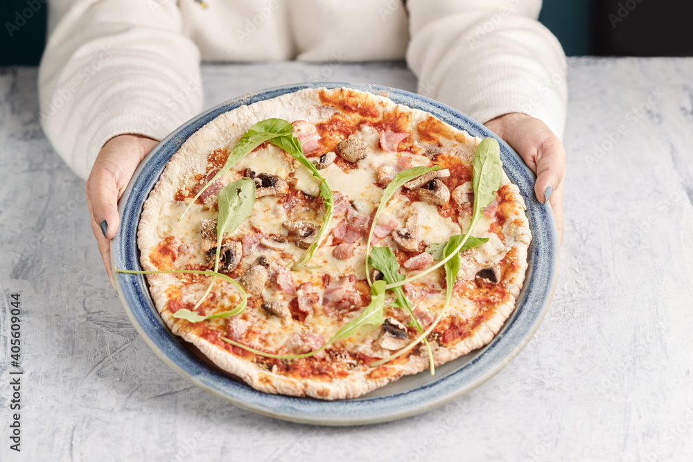 Eating Food. Close-up Of People Hands Taking Slices Of i Pizza. Group Of Friends Sharing Pizza Together. Eating Food. Close-up Of People Hands Taking Slices Of i Pizza. Group Of Friends Sharing Pizza Together.