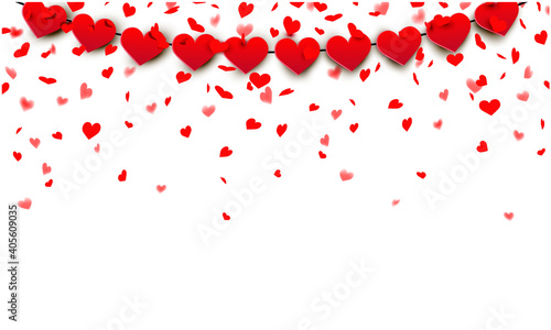Hanging heart garland with heart confetti - romantic background
