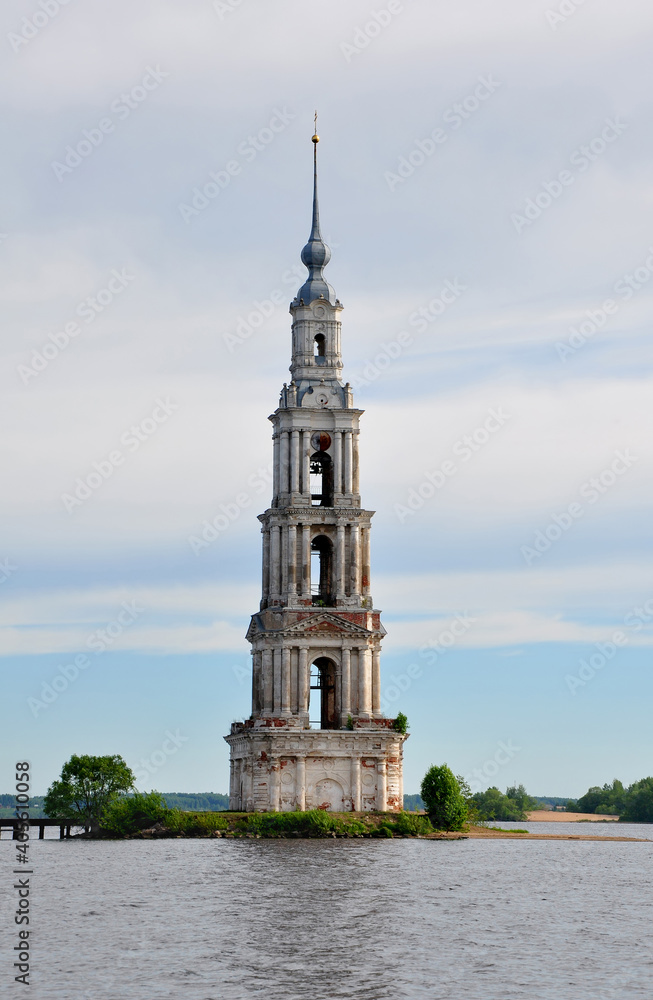 The bell tower of St. Nicholas Cathedral in the Uglich water reservoir The bell tower of St. Nicholas Cathedral in the Uglich water reservoir
