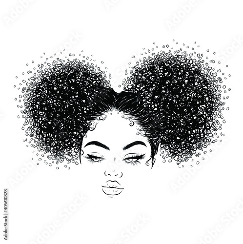 Curly beauty girl illustration isolated on clear background. Double buns with long hair. Hand draw idea for business cards, templates, web, brochure, posters, postcards, salon