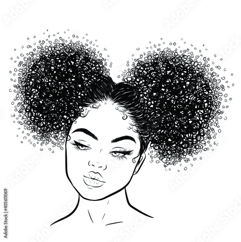 Curly beauty girl illustration isolated on clear background. Double buns with long hair. Hand draw idea for business cards, templates, web, brochure, posters, postcards, salon