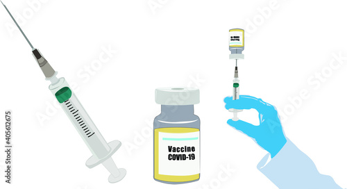 A vector illustration showing a needle, a vile of covid 19 vaccine and a hand holding needle and vaccine