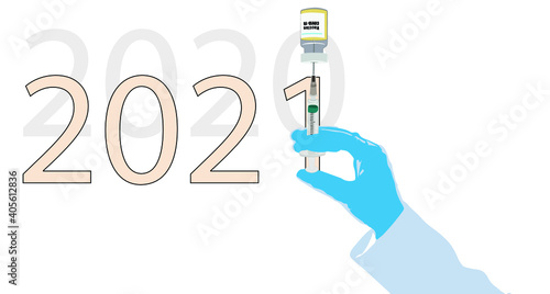 A vector illustration over laying the one in 2021 with the covid 19 vaccine