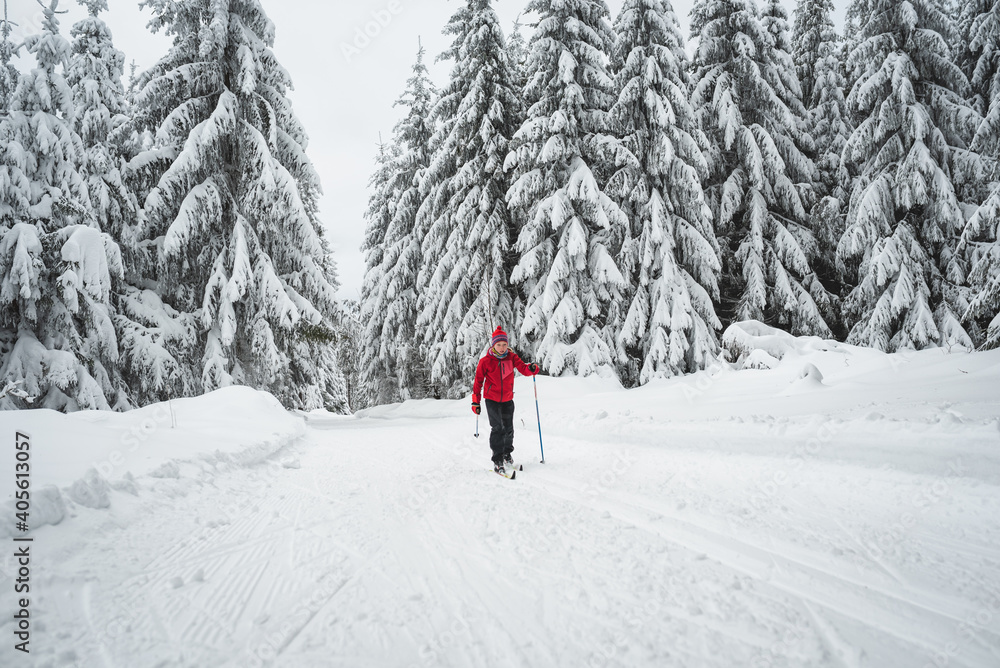 Kind mit roter Jacke beim Langlaufen im Winterwald