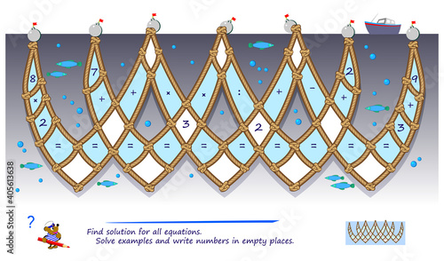 Math logic puzzle game for smartest. Find solution for all equations. Solve examples and write numbers in empty places. Page for brain teaser book. Play online. IQ test. Memory training for seniors.