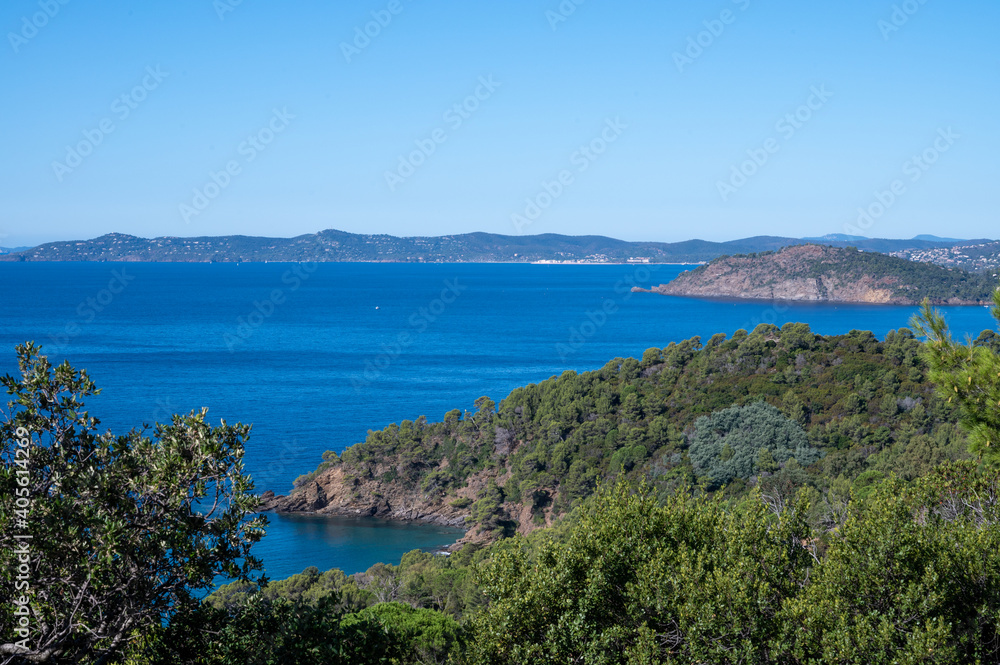 Summer vacation on French Riviera, view on azure blue Mediterranean sea near Le Lavandou, Var, Provence, France