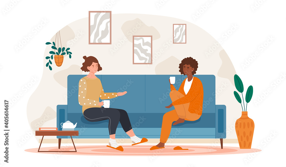 Two female friends drinking tea at home. Concept of happy friendship with laughing and gossiping. Friends sitting on comfortable couch. Flat cartoon vector illustration
