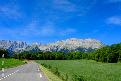 Panoramic view on Breche de Faraut mountain range in French Prealps in summer