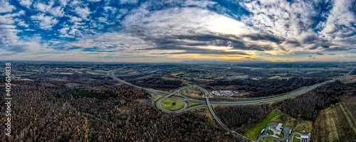 Autostrada A1 w Polsce, ostatni węzeł w Gorzyczkach na Śląsku, z lotu ptaka, ...