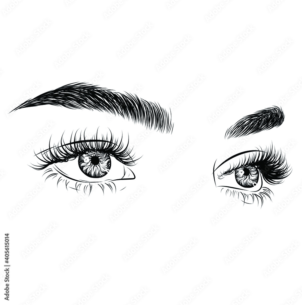 Sleek fashion illustration of the eye with luxe makeup and natural eyebrow. Hand drawn vector idea for business visit cards, templates, web, salon banners,brochures. Microblading visit card Sleek fashion illustration of the eye with luxe makeup and natural eyebrow. Hand drawn vector idea for business visit cards, templates, web, salon banners,brochures. Microblading visit card