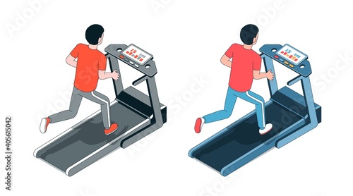 Man on treadmill. Running athlete. Fitness session. Limited color palette. Vector isometric illustration.