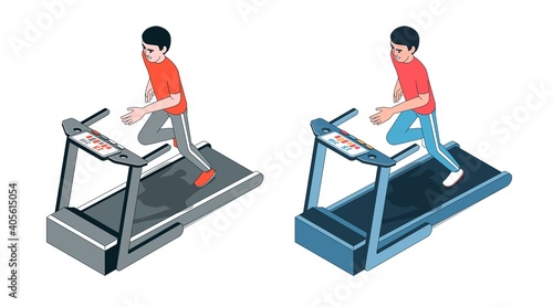 Athlete running on treadmill front view. Limited color palette. Vector isometric illustration.