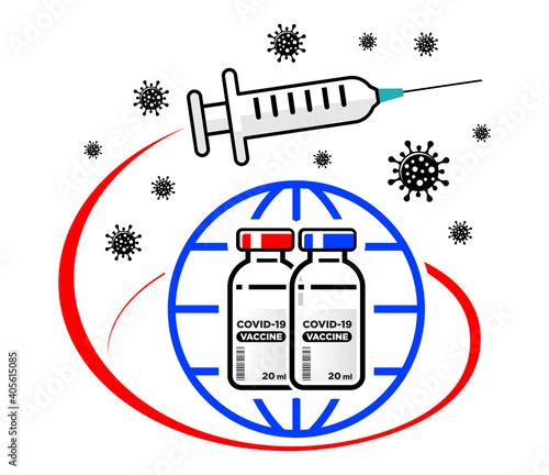 Coronavirus global vaccination concept. A medical syringe with a needle flies in orbit around the Earth, surrounded by viruses. Vials with the drug with blue and red caps. Vector