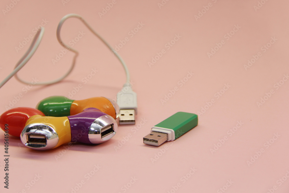 color USB adapter and green flash drive on a light background color USB adapter and green flash drive on a light background