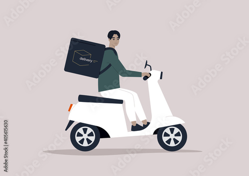 Young male Asian courier driving a scooter, food delivery concept