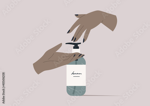 Hand sanitizer, daily routine, antiseptic liquid in a bottle