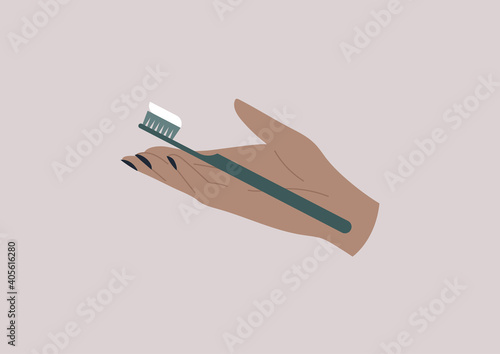 Daily routine, a hand holding a toothbrush with a strip of toothpaste on it