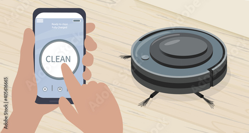 A smartphone app to control the robot vacuum cleaner. Modern smart home appliances for cleaning apartments. Smart appliances. washes and cleans the wood floor from debris and dirt. Vector.