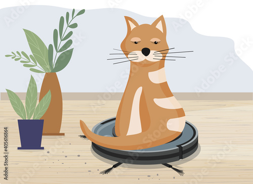 Smart robot vacuum cleaner. Modern intelligent household appliances for cleaning the apartment. Cat sitting on a working vacuum cleaner, and riding on it. Cleaning and home and favorite cute pets