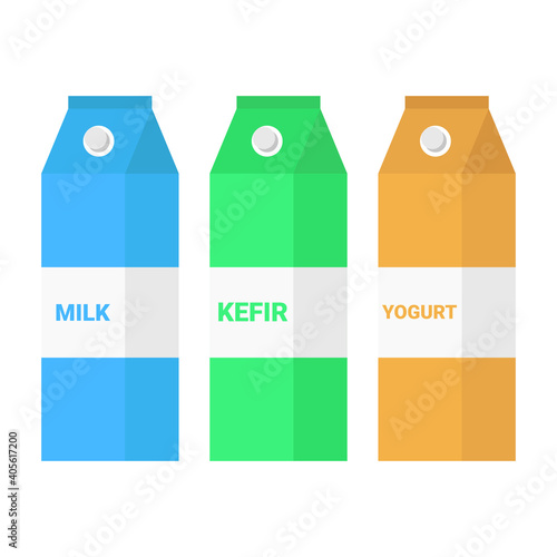 Three packs of dairy products: milk,  kefir,  yogurt. Vector illustration.