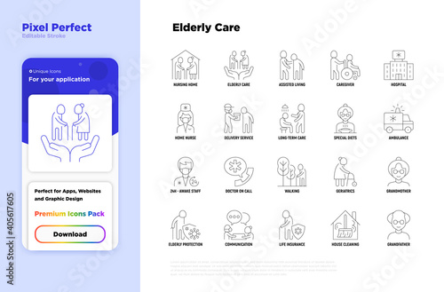 Nursing home for elderly people super thin line icons set. Assisted living for disabled, volunteers help and support. Long-term service. Pixel perfect, editable stroke. Vector illustration.