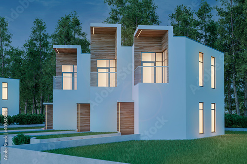 Fototapeta Naklejka Na Ścianę i Meble -  3d rendering of modern light townhouse cozy small house for sale or rent with many grass on lawn. In evening with a dark blue sky. Perspective street view