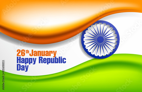 Greeting background for Republic Day of India with tricolor and Ashoka chakra wheel (spinning wheel). Vector illustration.