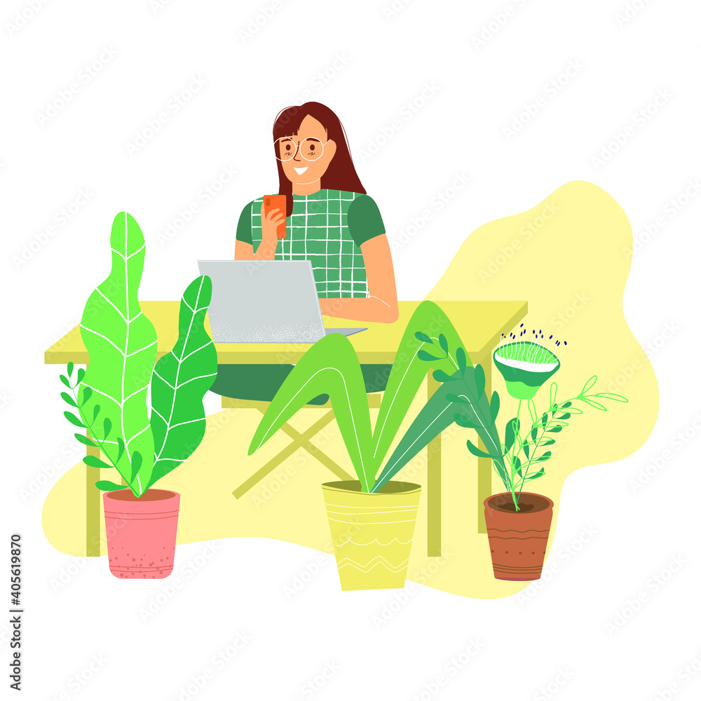 Worker or student with laptop and phone. Remote work or study. Woman working and chatting at home or at the office. Worker or student with laptop and phone. Remote work or study. Woman working and chatting at home or at the office.