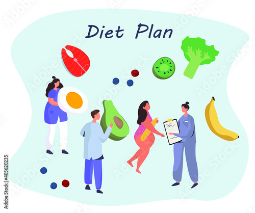 Nutrition Diet Plan.
Nutritionist Doctor or Dietitian Holding Clipboard with Diet Plan.Healthy Food and Diet Planning.Healthy Nutrition.Vegan Eating.Protein Products for Keto Diet.Vector Illustration