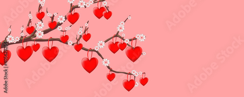 Fototapeta Naklejka Na Ścianę i Meble -  Beautiful background for postcards and graphic works. A branch with pink flowers and red hearts on a pink background. Background, banner, space for text.