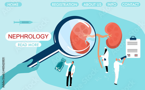World Kidney day website template.Nephrology.Pyelonephritis and renal failure disease.Doctors team scrutiny organ with magnifier.Stones,cystitis chronic illness.Problem with filtration,dialysis.Vector