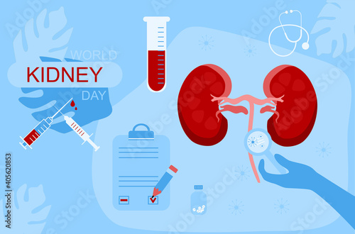 World Kidney day 11 March vector banner.Pyelonephritis disease.Stones,Cystitis in organ.Chronic illness.Tumor, renal failure or cancer.Problem with metabolism or filtration,dialysis.Medical tools.