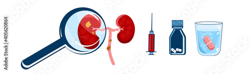 World Kidney day horizontal banner.Nephrology.Pyelonephritis and renal failure disease.Human organ,magnifier,glass of water with pill,tools.Stones,chronic illness.Problem with filtration.Vector