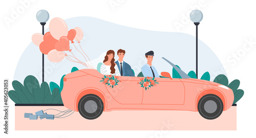 Just married couple in a pink cabriolet car with baloons. Happy couple going to celebrate their wedding. Driver in hat driving newlyweds to celebrate special day. Flat cartoon vector illustration