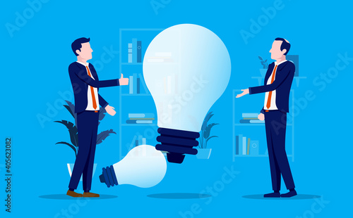 Businessman presenting idea - Two businessmen in office with big light bulb discussing new ideas. Vector illustration.