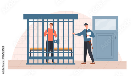 Male police officer is talking to a prisoner. Sentenced man is standing in a cage trying to bail himself out of prison. Flat cartoon vector illustration