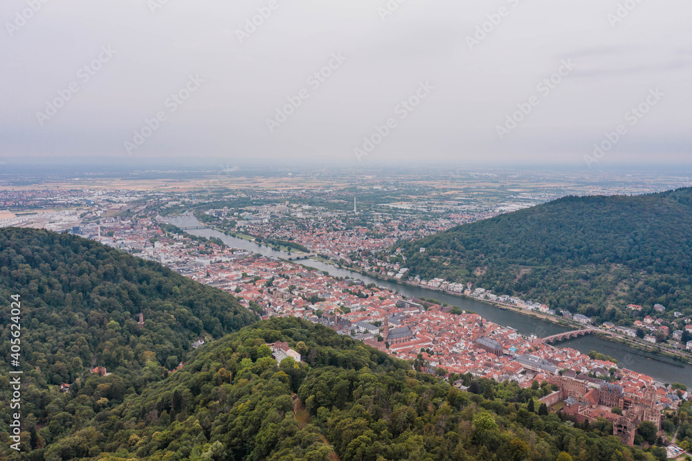 Aerial drone shot of Heidelberg in overcast summer noon