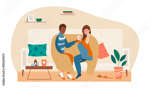 Ill couple with cup of hot beverage having flu together. Sick man and woman covered in plaid sitting on couch together . Concept of people with seasonal virus. Flat cartoon vector illustartion