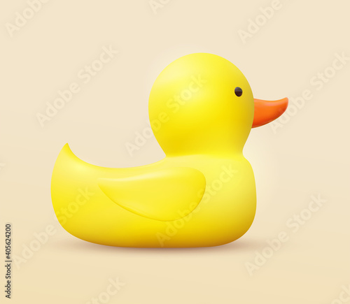 Realistic 3d Rubber yellow duck isolated on white background. Vector illustration.