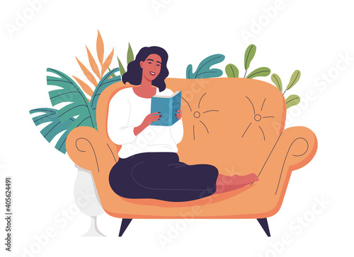 Cute young woman reads book on the yellow sofa illustration