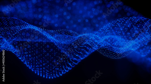 Abstract 3D Technology concept. Big Data and Artificial Intelligence represented as a High Tech Futuristic Particle Network. Abstract background. 3D render