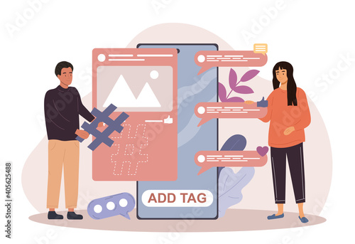 Male and female characters adding hashtags under photo in social media on smartphone. Man and woman tagging their photos to reach more people. Flat cartoon vector illustration