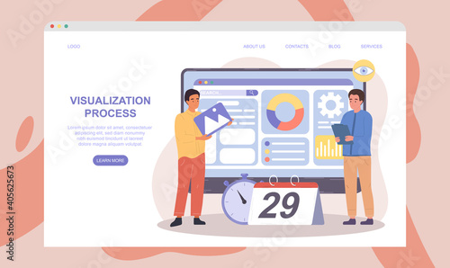 Two male characters are creating visualization for new project. Men adding new elements for visualization of new work project. Website, webpage, landing page template. Flat cartoon vector illustration