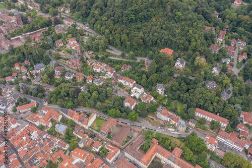 Aerial drone shot of Heidelberg old town in overcast summer