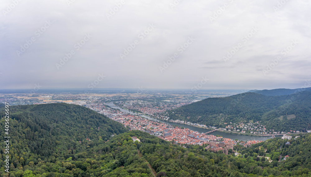 Aerial drone shot of Heidelberg from Konigstuhl hill in overcast summer morning
