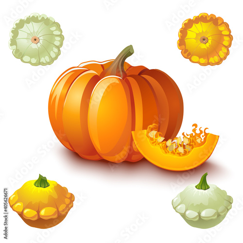 Pumpkin with a cut slice and patisson.