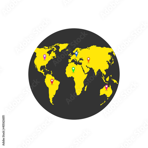 Location on globe. Pin on globe. Vector illustration.