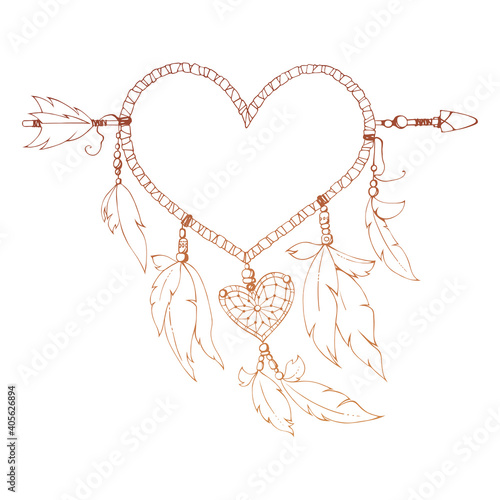 Contour dreamcatcher. Isolated. Shape of heart. Frame.