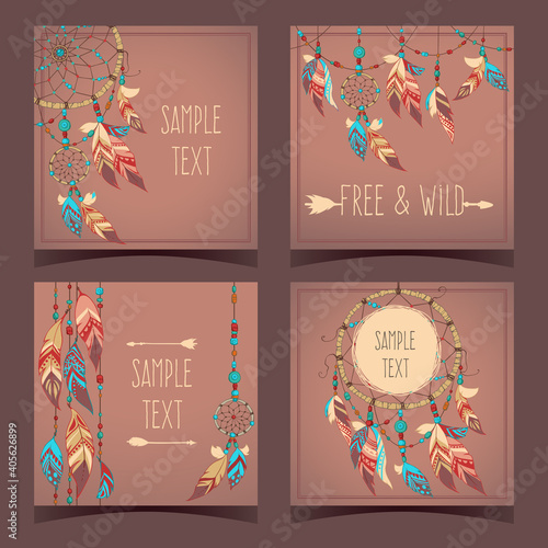 Backgrounds with tribal feathers, beads and dreamcatcher.