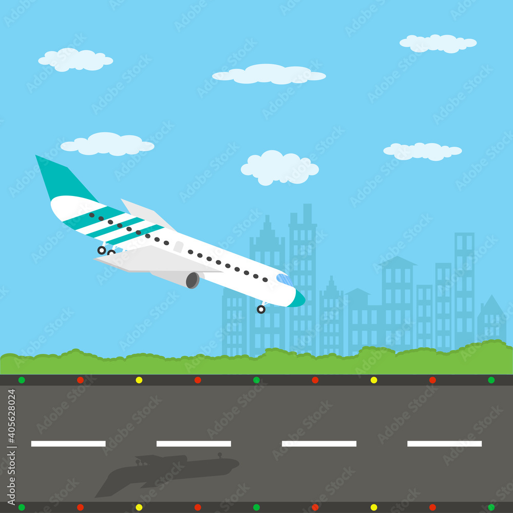 Passenger airplane landing. Vector illustration.